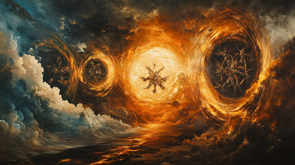 Celestial Wheels: Ezekiel's Vision of Glowing Beings Amidst Whirlwind of Amber Fire and Stormy Skies