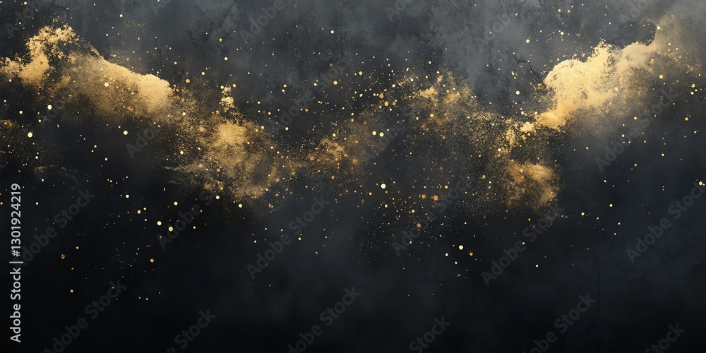 Poster captivating display of golden particles swirling in a dark cosmic background during a celestial phen