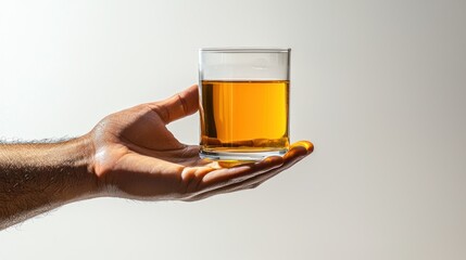 Hand holding a glass of amber liquid against a white background.