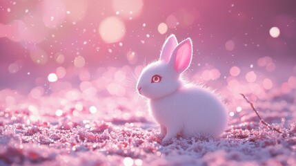Adorable white bunny in a pink, snowy wonderland.
