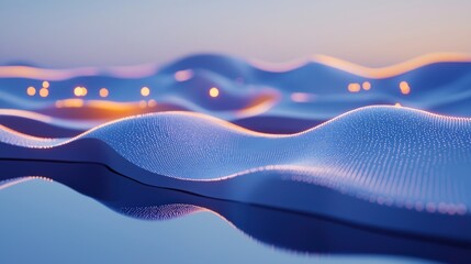 Abstract wavy surface with glowing lights reflecting on a shiny floor.