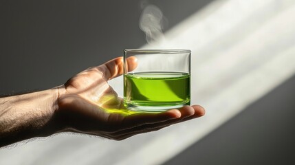 Hand holding a glass of steaming green liquid.