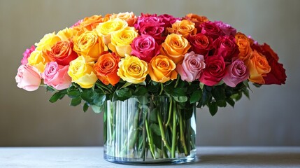 Fototapeta premium A Colorful Bouquet Of Roses In A Glass Vase