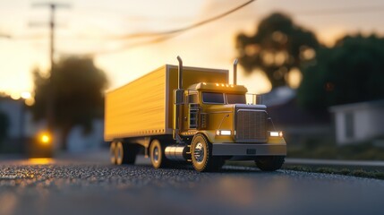 Yellow semi-truck on residential street at sunset.