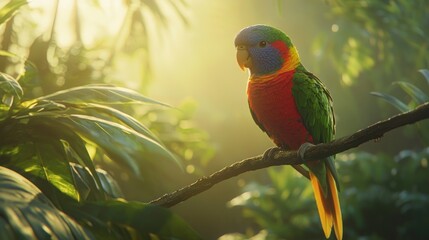 Colorful parrot perched on a branch in a lush, sunlit rainforest.