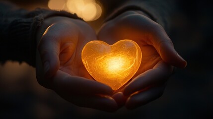 Glowing heart held in gentle hands at night.