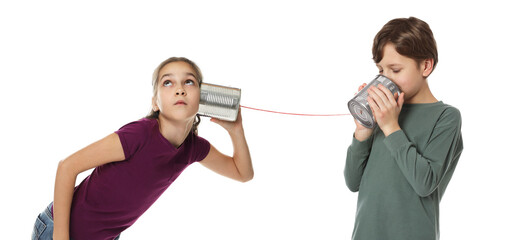 Girl and boy using tin can telephone on white background. Banner design