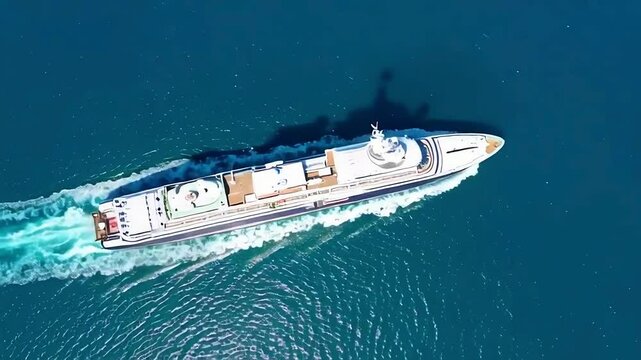 aerial top view of a luxury cruise ship sailing at full speed through the open ocean