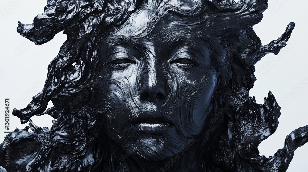 Poster artistic representation of a face with flowing dark textures showcasing creativity and emotion