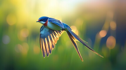 Colorful bird in flight, sunlit bokeh background.
