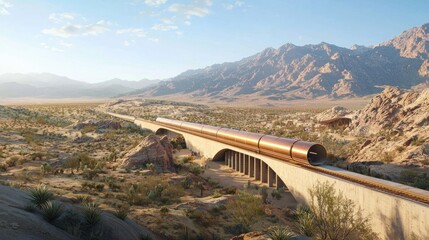 Naklejka premium Futuristic high-speed train in desert landscape.