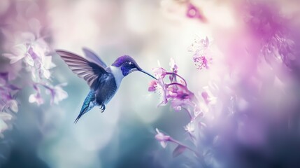 Hummingbird feeding on pink flowers in soft-focus garden.