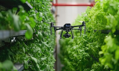 Drone Flying Over Lush Green Plants in Indoor Vertical Farm Setup