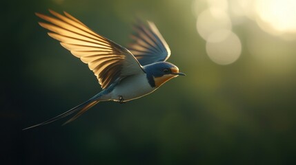 A swallow in flight, backlit by sunlight.