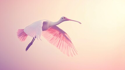 Rosy sunset, white bird in flight.
