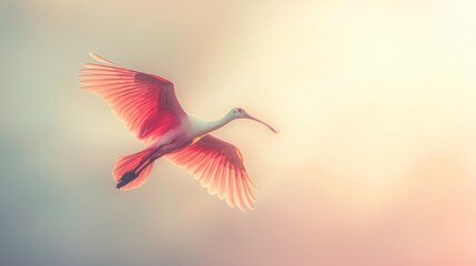 Roseate Spoonbill in flight, sunset.