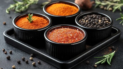 Four small bowls of assorted spices on a black tray, herbs and peppercorns in background. Culinary photography