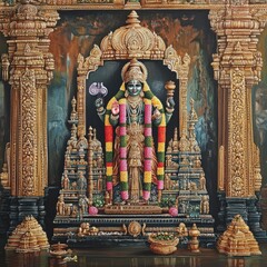 Intricate Painting of Hindu Deity in Ornate Golden Temple