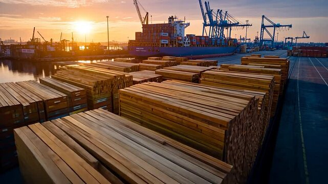Stacked lumber at port at sunrise
