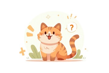 Cute Cartoon Cat with Playful Expression and Question Mark Background