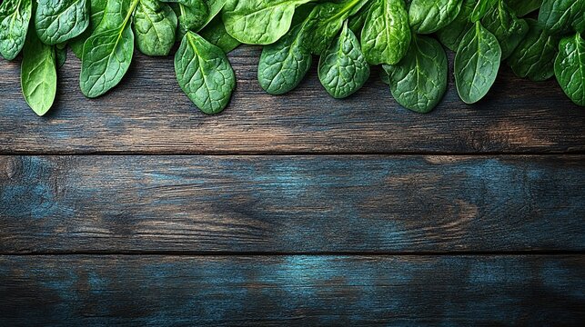 Fresh spinach leaves border on dark wood background