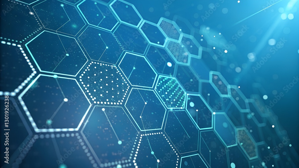 Poster an abstract, futuristic background featuring a network of interconnected blue hexagons with glowing 