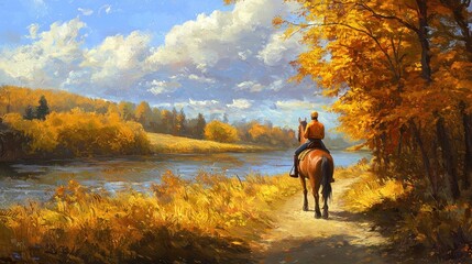 Autumn horseback riding along a river.