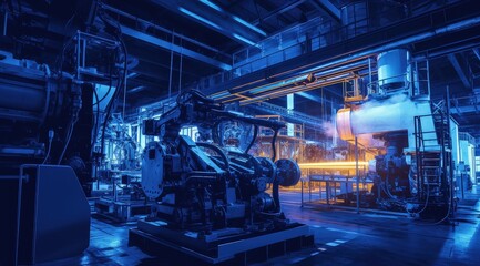 Fototapeta premium Industrial workshop showcasing advanced machinery and vibrant lighting during production