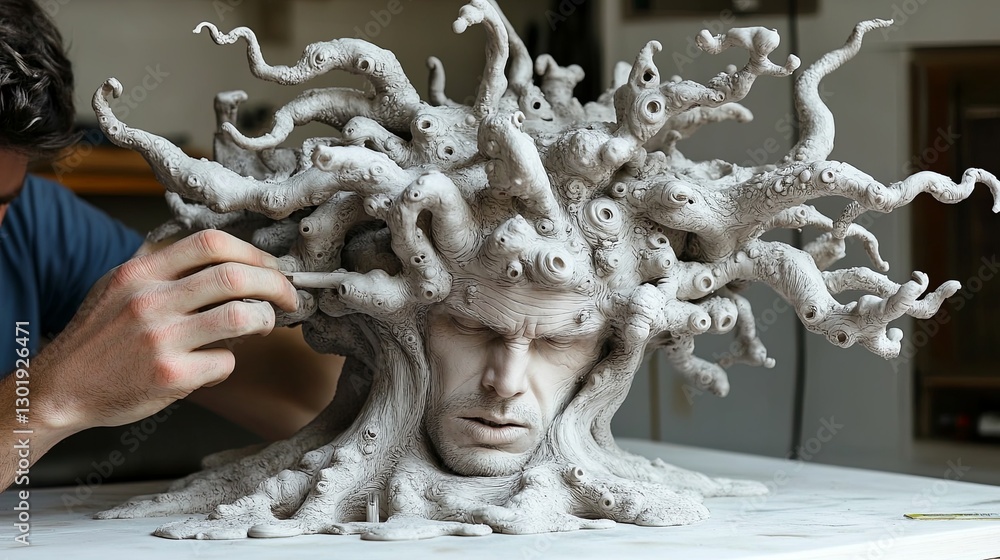 Poster crafting an intricate sculpture of a human face intertwined with twisted tree branches in a studio s