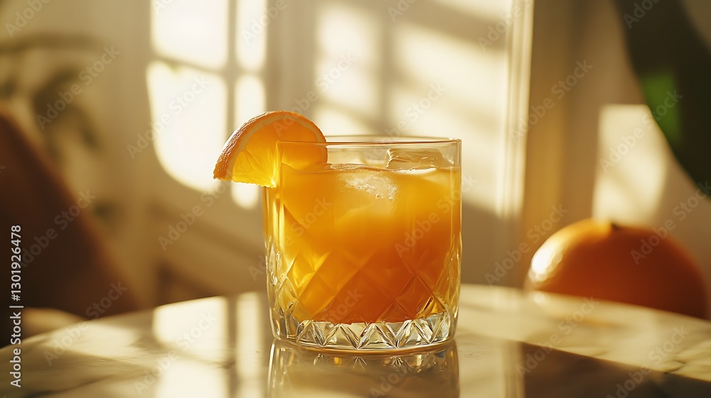 Poster refreshing orange drink with ice and a slice on marble table