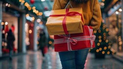 Person carrying gift boxes while shopping for holidays with