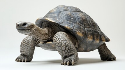 Fototapeta premium A vibrant tortoise faces left, showcasing its long neck and petite, pointed-snouted head. Its intricate shell patterns captivate from every angle