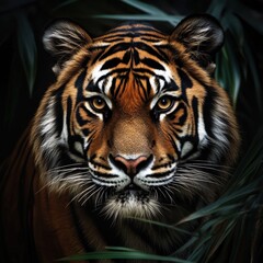Fototapeta premium Majestic Tiger Portrait in Dark Green Foliage