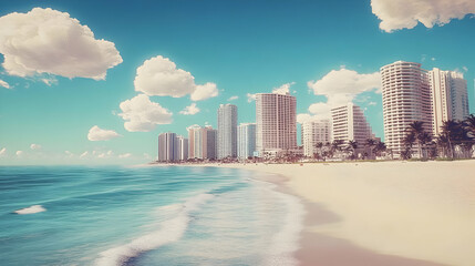 Illustration Coastal Cityscape Beach Ocean Clouds Sky Tropical Architecture Vacation