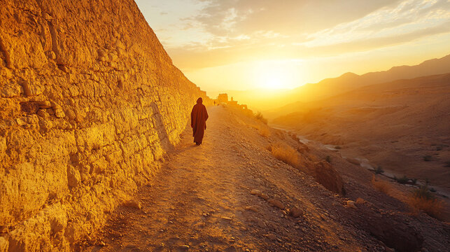 Scarlet Threads of Courage: Rahab Hides Spies as Jericho's Walls Crumble Under Sunset's Shadow