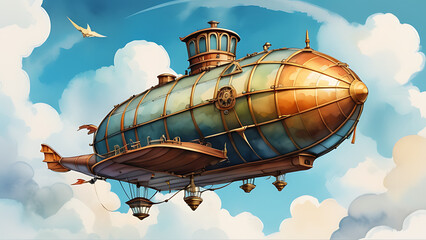Vintage Airship Flying Through Cloudy Sky With Bird Illustration Art
