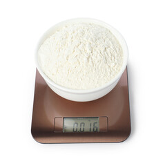 Modern electronic kitchen scale with bowl of flour isolated on white