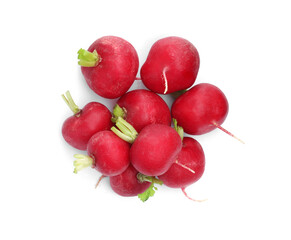 Many fresh ripe radishes isolated on white, top view