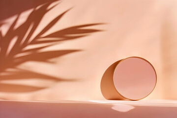 3D Illustration Background, Minimalist Peach Scene, Gold Circle, Palm Leaf Shadow