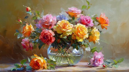 Obraz premium Vibrant Roses in a Glass Vase Still Life Painting