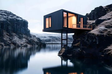 3D Illustration Modern Cabin Cliffside Lake Reflection Snow Winter Landscape