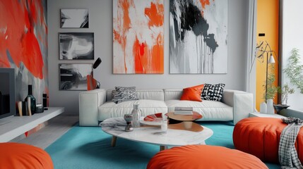 Artistic contemporary living room with bold color 