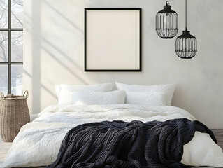 3D Illustration Bedroom Interior White Bedding, Black Throw, Window Light