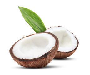 Coconuts and green leaf isolated on white