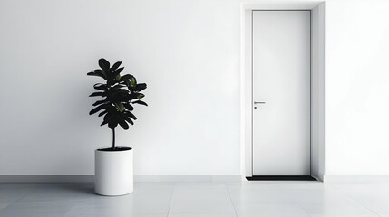 Illustration - Minimalist Interior Design, White Door, Plant, Pot, Wall, Floor, Tiles, Home, Decor, Modern