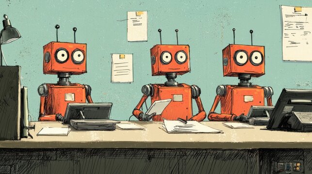 Three retro robots working at office desks.