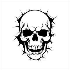 Obraz premium Illustration of a skull in the wall. Skeleton breaking through wall. Human skull through the hole. Halloween decor.