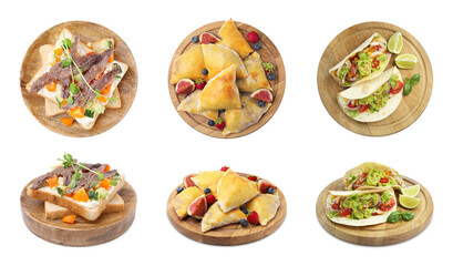 Serving boards with different dishes isolated on white, set. Top and side view