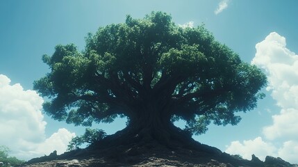 Fototapeta premium Majestic ancient tree on hilltop, bright sky background