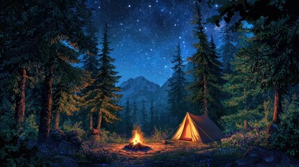 Night camping scene in a forest with a campfire and tent under a starry sky and mountains.